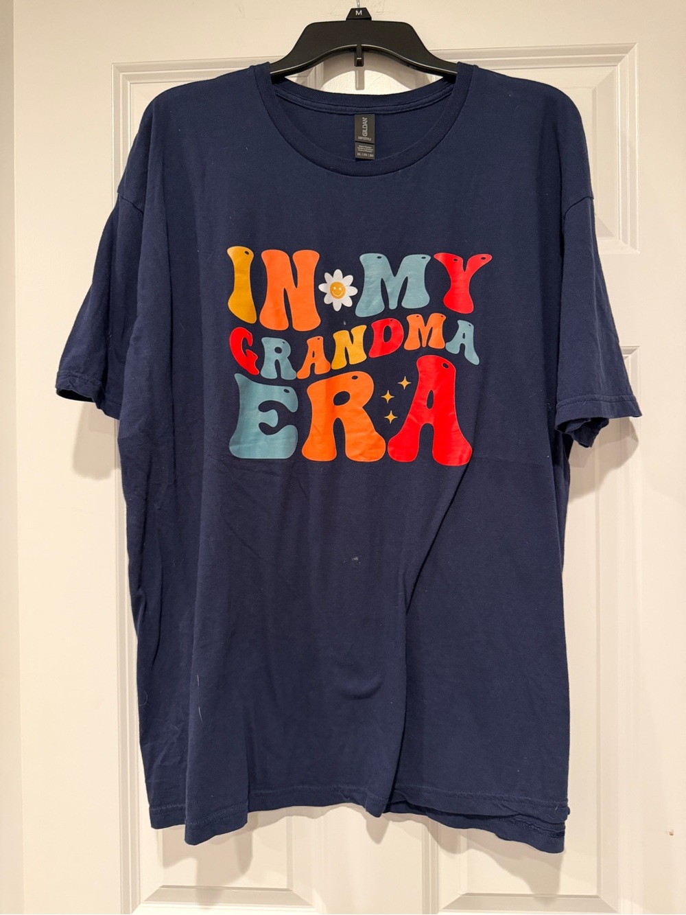 Gildan Navy Short Sleeve Tee with Retro Multicolor 'In My Grandma Era' Graphic